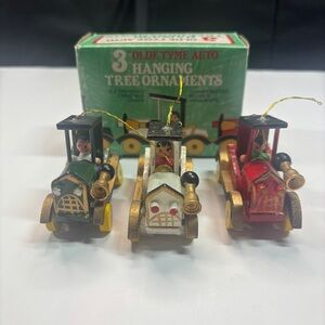3 Olde Tyme Auto Hanging Christmas Tree Wooden Ornaments Vintage In Box Vtg